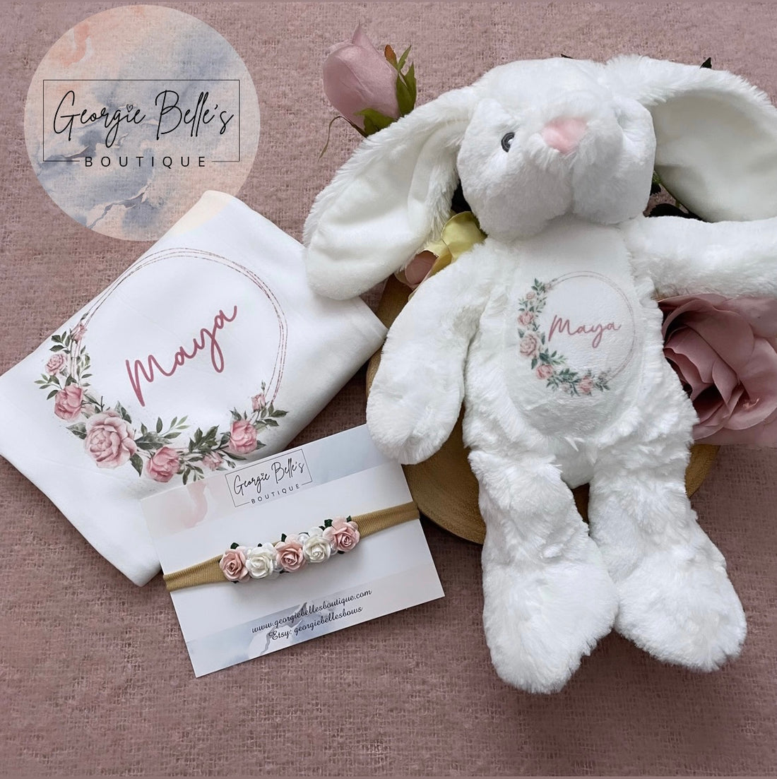 Pink Rose Floral Wreath Personalised Gift Set