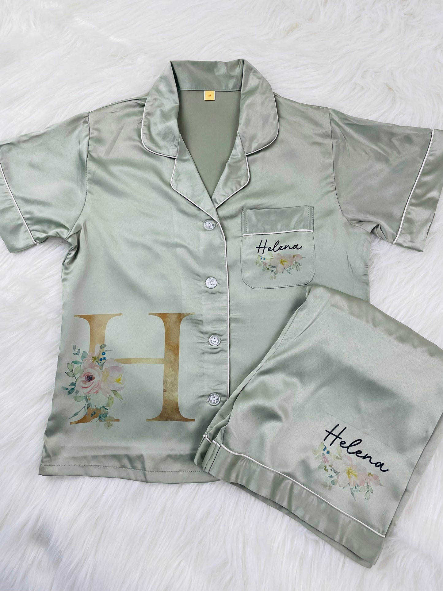 Sage Green Luxury Personalised Satin Pyjama’s- Initial Design