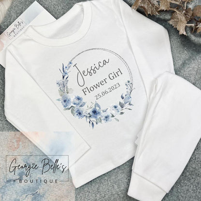 Personalised Flower Girl Pyjamas - Dusty Blue Wreath Design