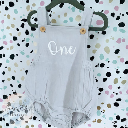 Personalised Birthday Baby Cotton Linen Romper in Frozen Grey