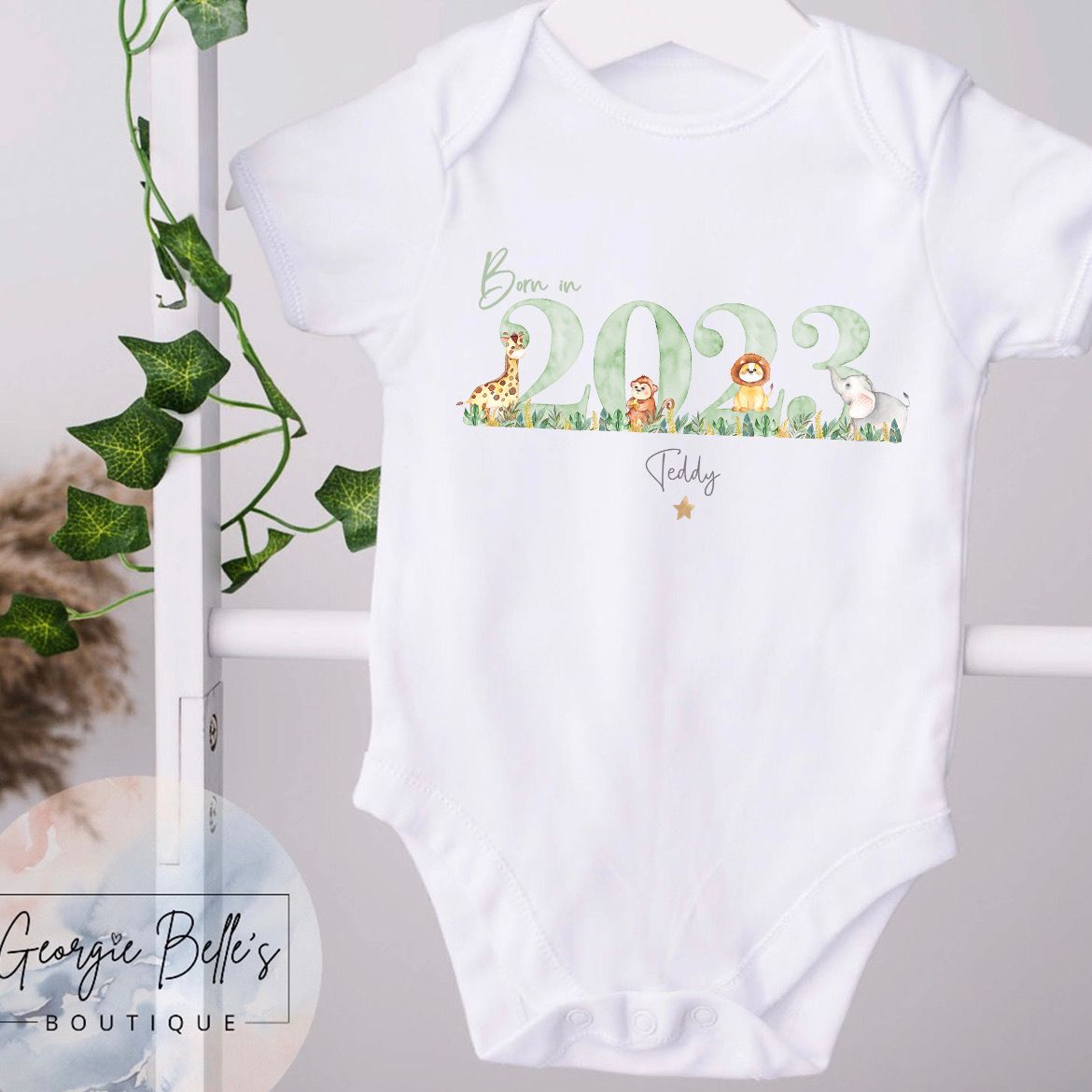 Personalised ‘Born in 2023’ Safari Design Babygrow