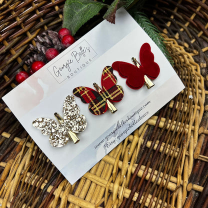Christmas Tartan & Gold Butterfly Fringe Clip Set