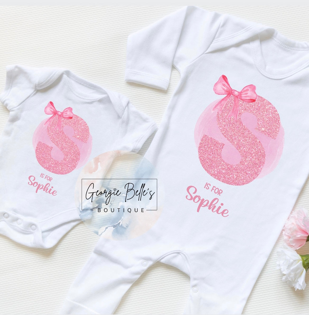Pink Bow Initial Personalised Vest / Babygrow / Sleepsuit