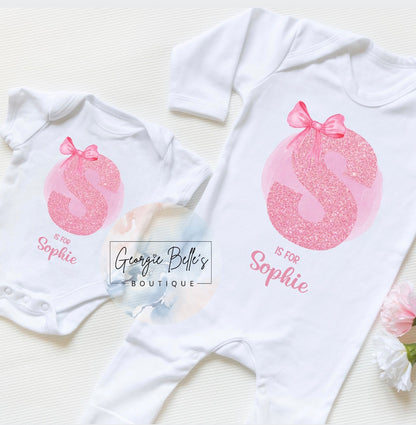 Pink Bow Initial Personalised Vest / Babygrow / Sleepsuit