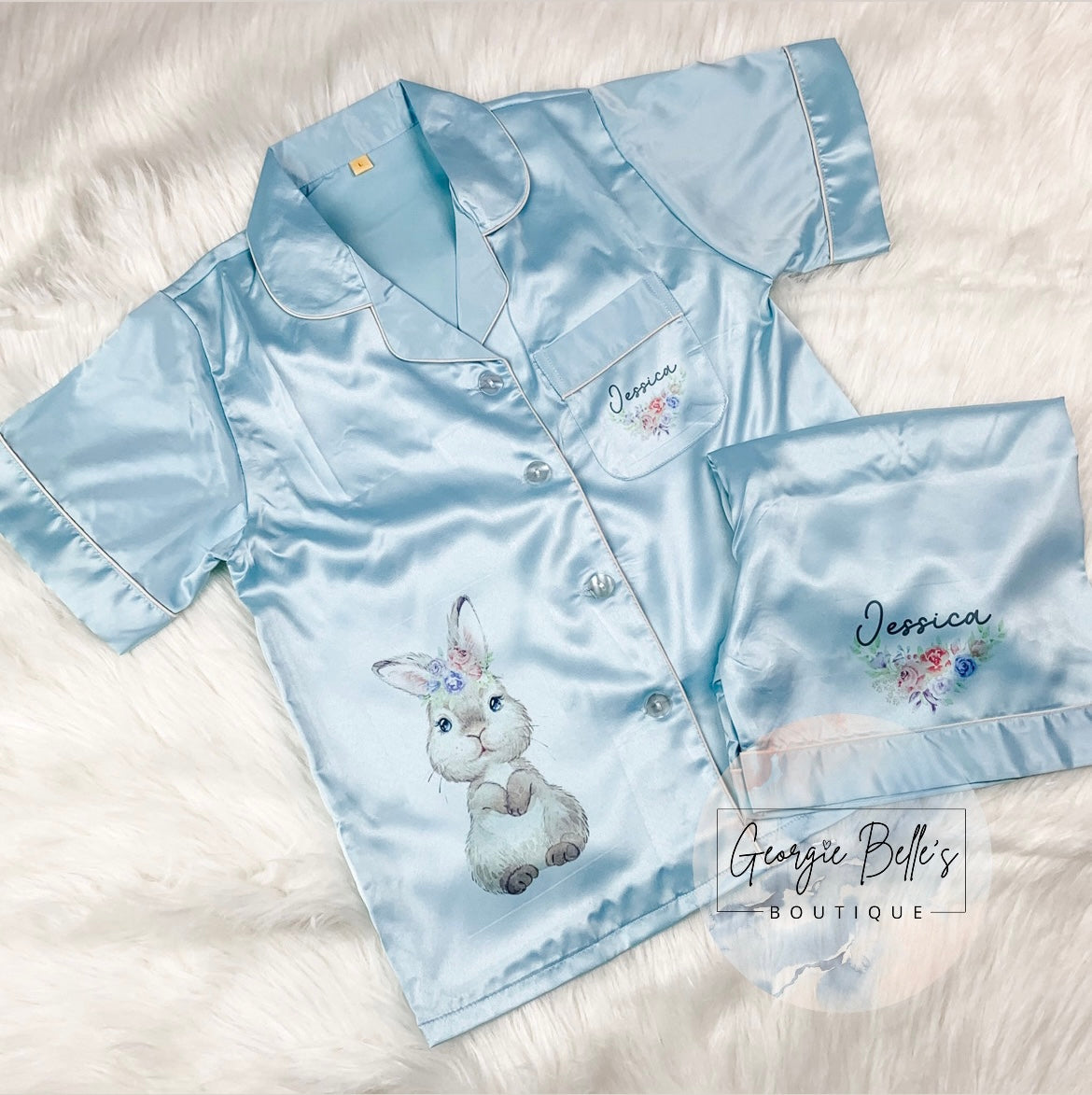 Easter Light Blue Luxury Personalised Satin Pyjamas
