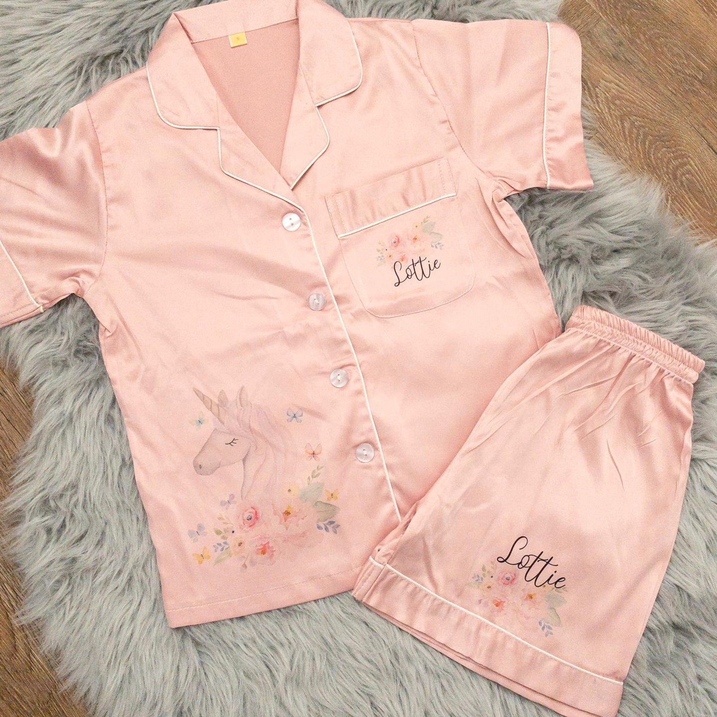 Pink Luxury Personalised Satin Pyjamas - Unicorn Design