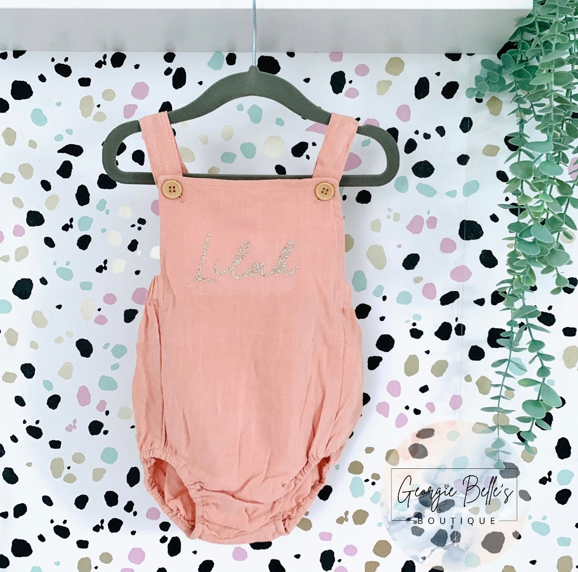 Personalised Birthday Baby Cotton Linen Romper in Dusty Pink
