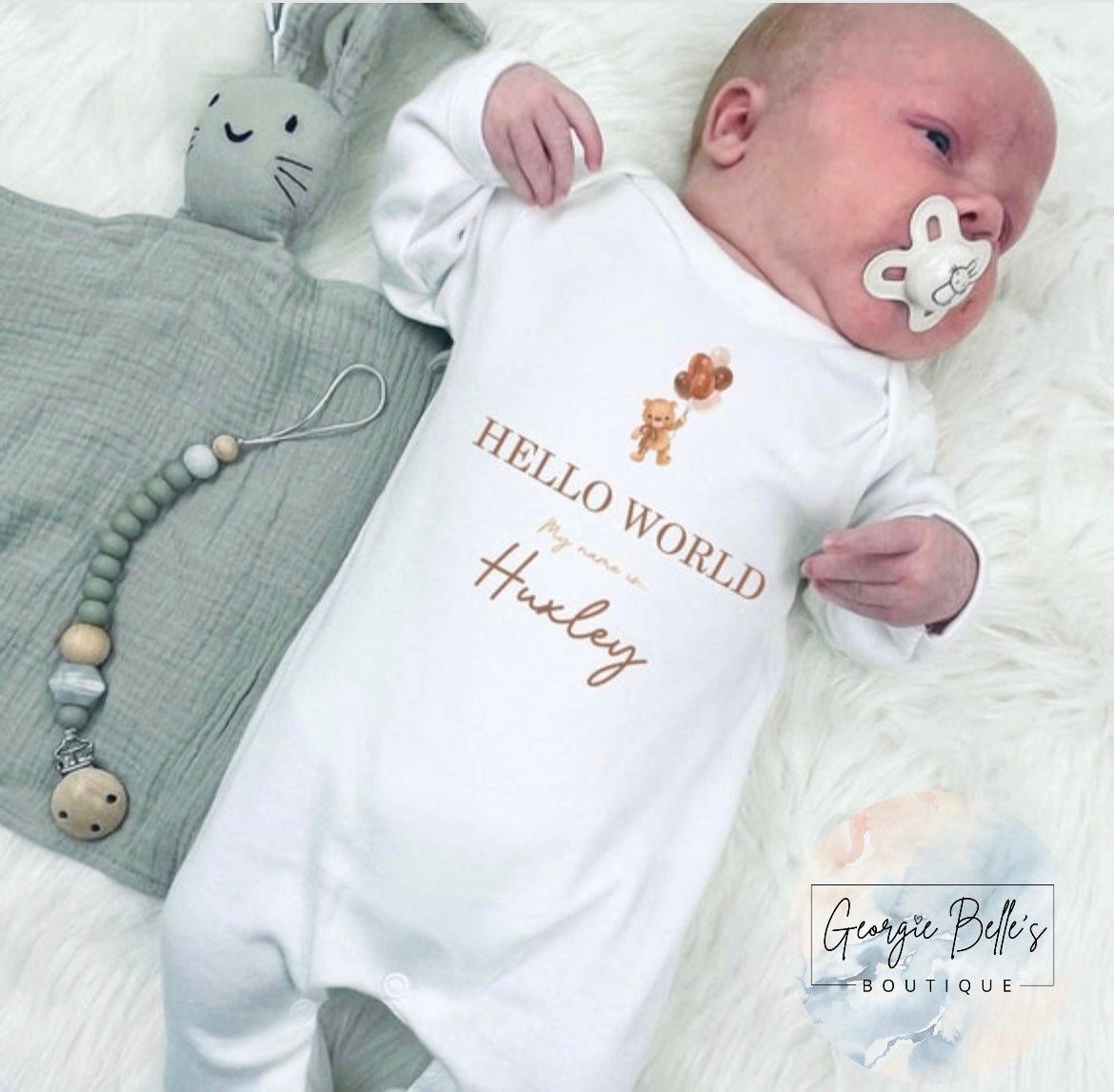 Personalised Neutral Bear ‘Hello World’ Vest/Babygrow