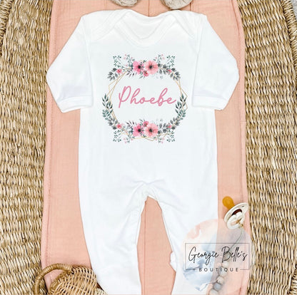 Personalised Floral Wreath Vest / Baby Grow / Sleepsuit