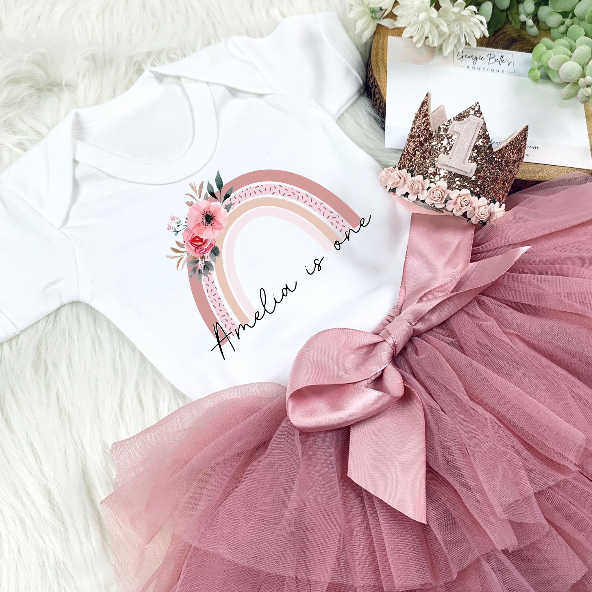 Luxury Personalised Birthday Outfit - Rainbow Design With Dusky Pink Tutu