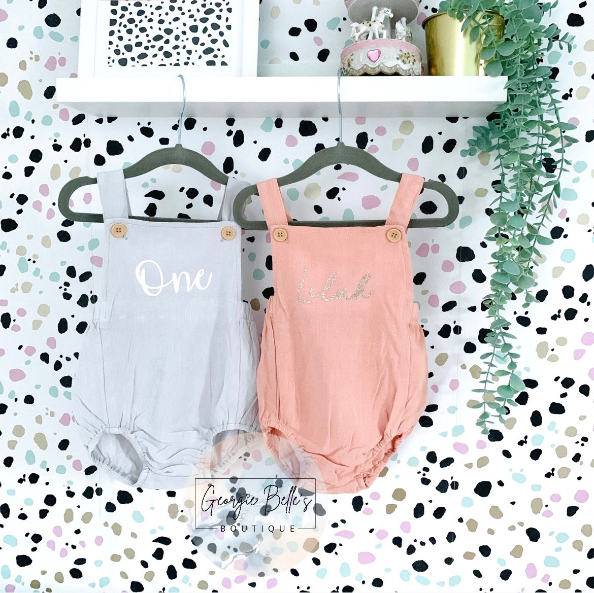 Personalised Birthday Baby Cotton Linen Romper in Dusty Pink