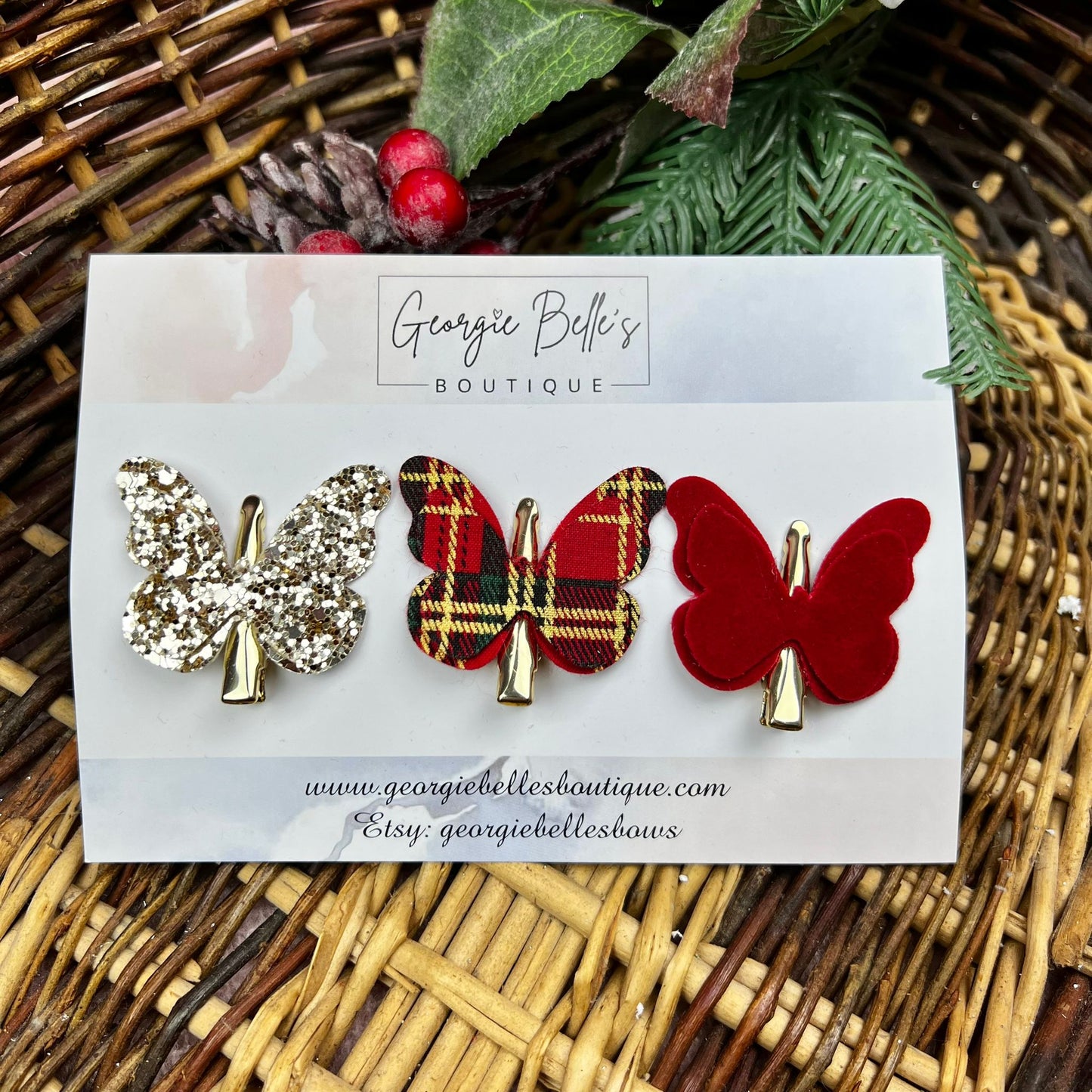 Christmas Tartan & Gold Butterfly Fringe Clip Set