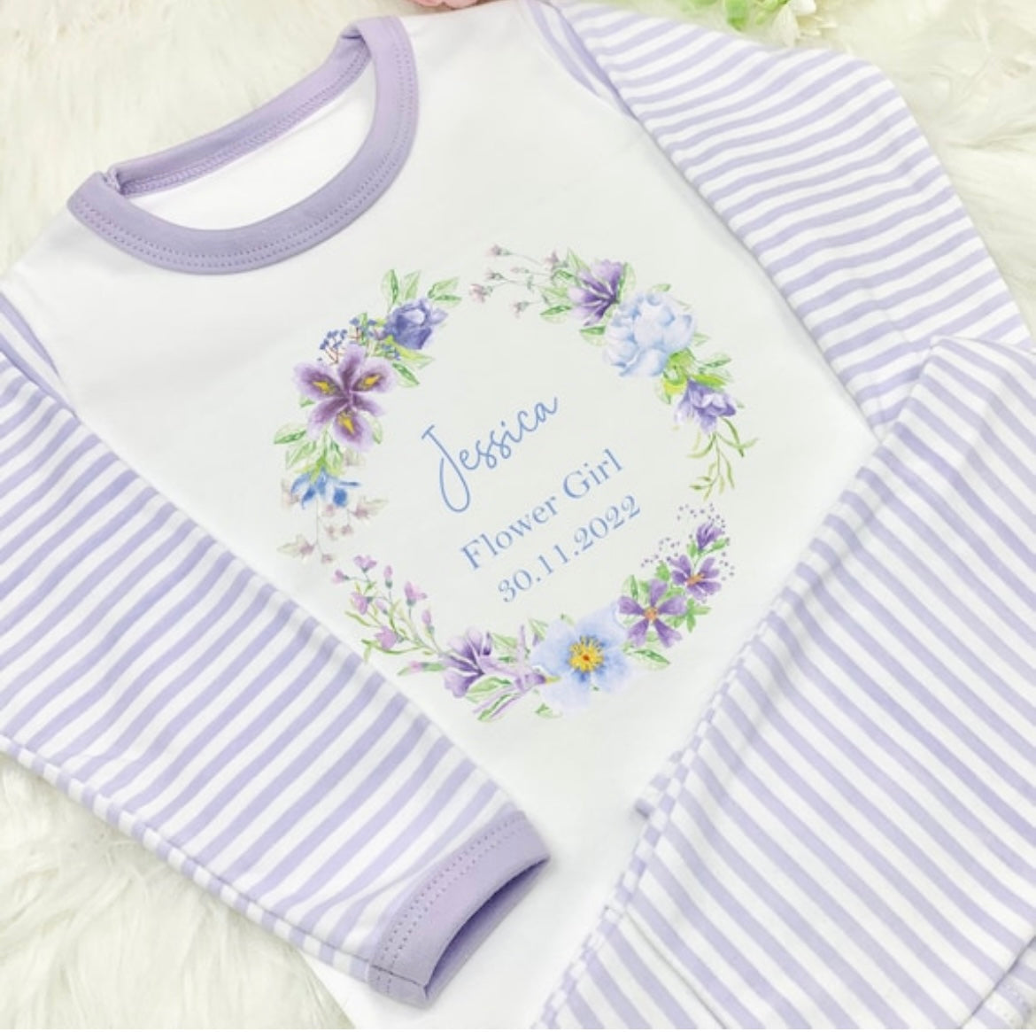 Personalised Flower Girl Pyjamas - Lilac Wreath Design