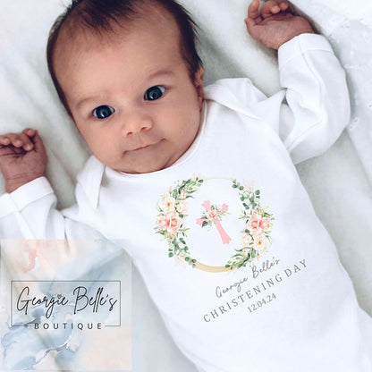 Personalised Christening Floral Design Vest/Babygrow