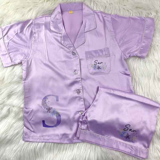 Lilac Luxury Personalised Satin Pyjamas- Floral Initial Design