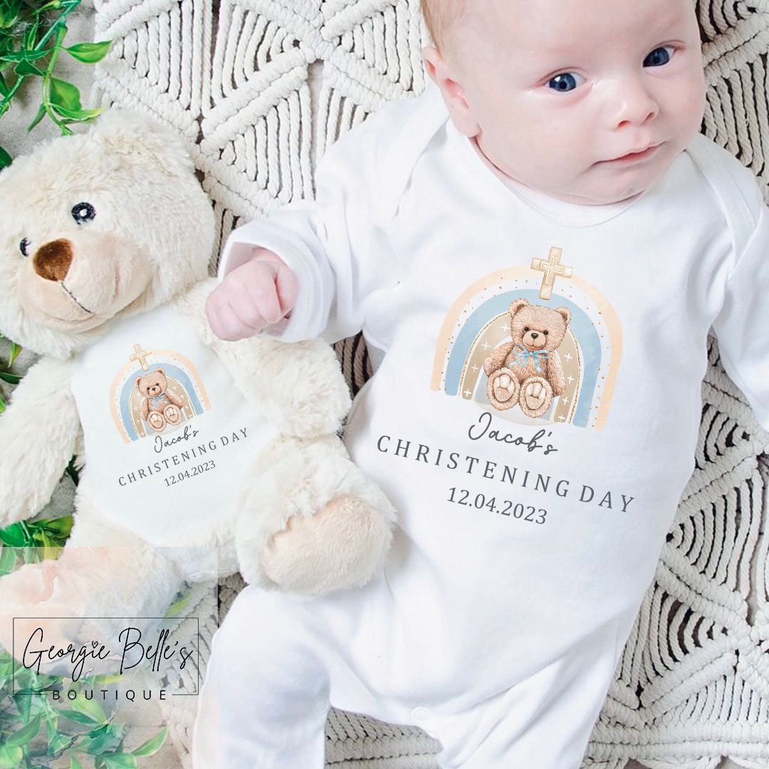 Personalised Christening Rainbow Bear Design Babygrow
