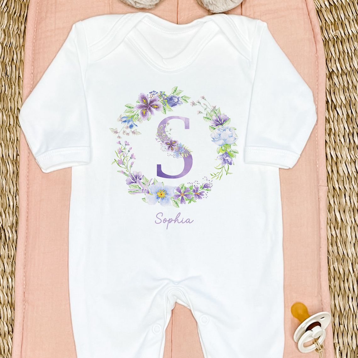 Personalised Lilac Floral Wreath Initial Vest / Baby Grow / Sleepsuit