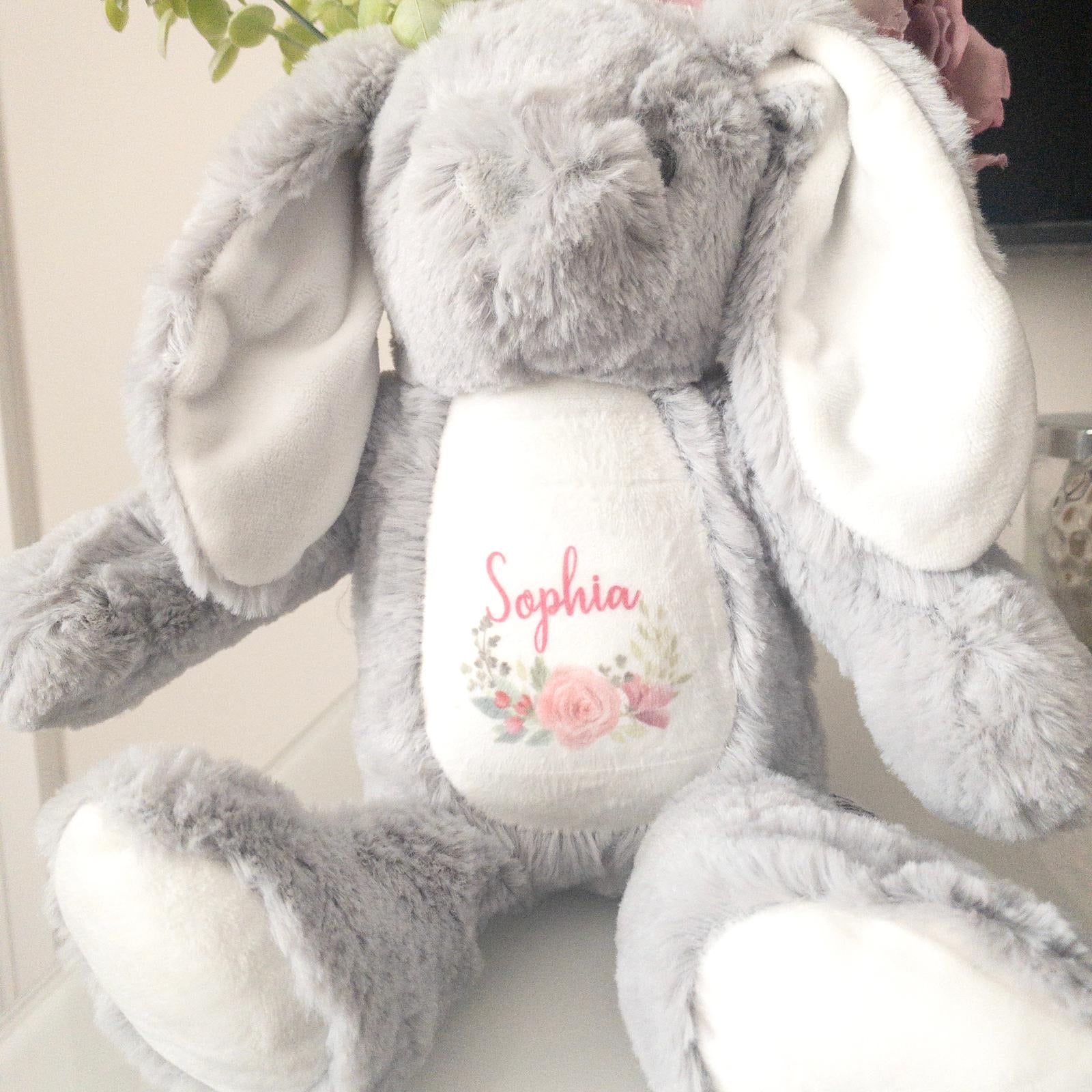 Floral Design Personalised Grey Bunny Soft Toys