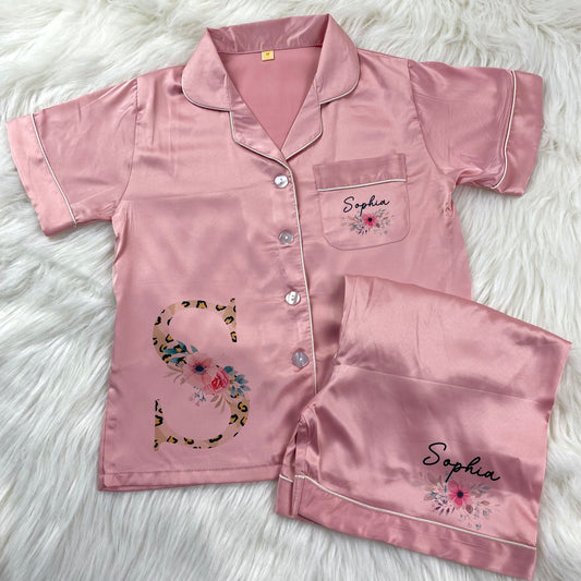 Rose Pink Luxury Personalised Satin Pyjamas- Leopard Initial Design