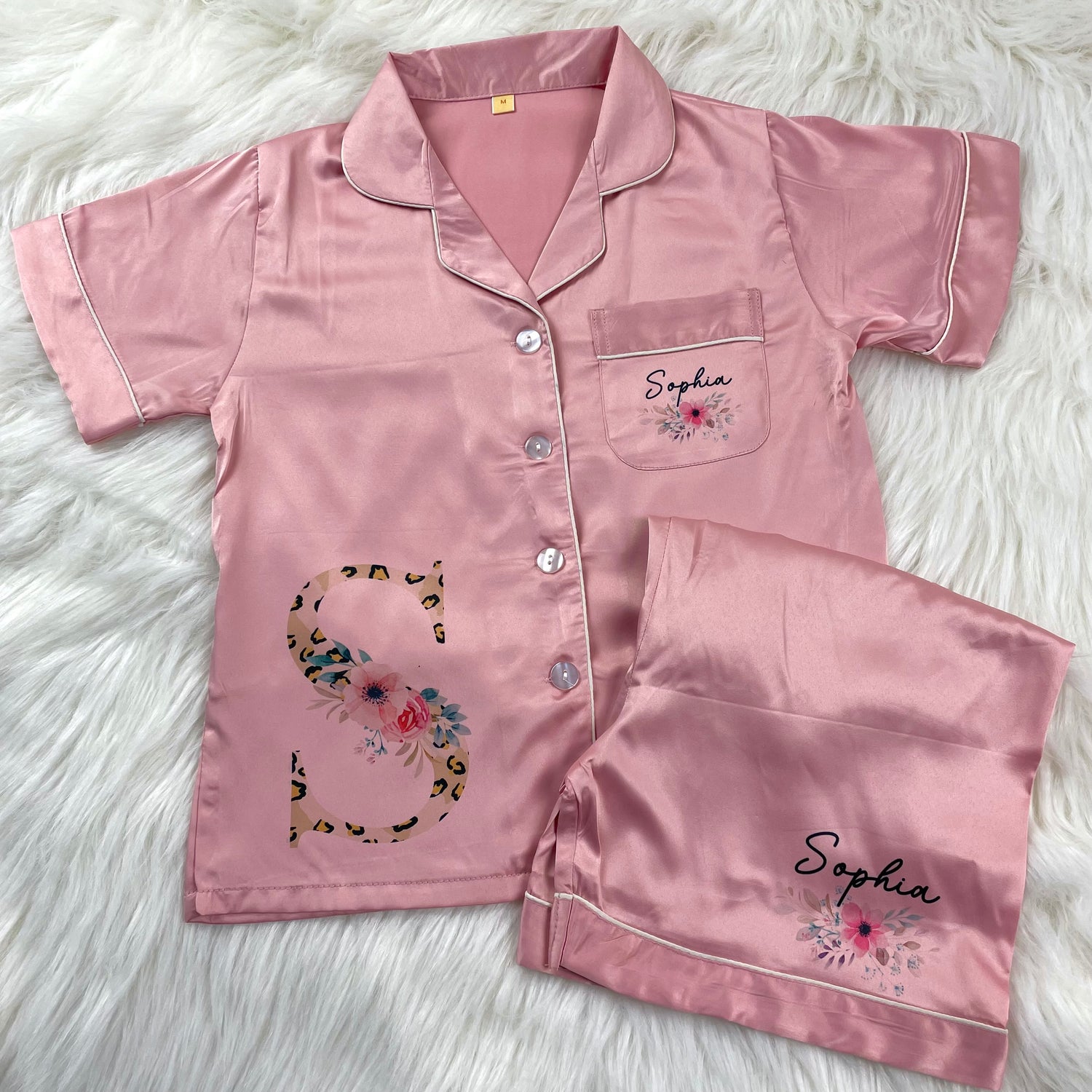 Rose Pink Luxury Personalised Satin Pyjamas- Leopard Initial