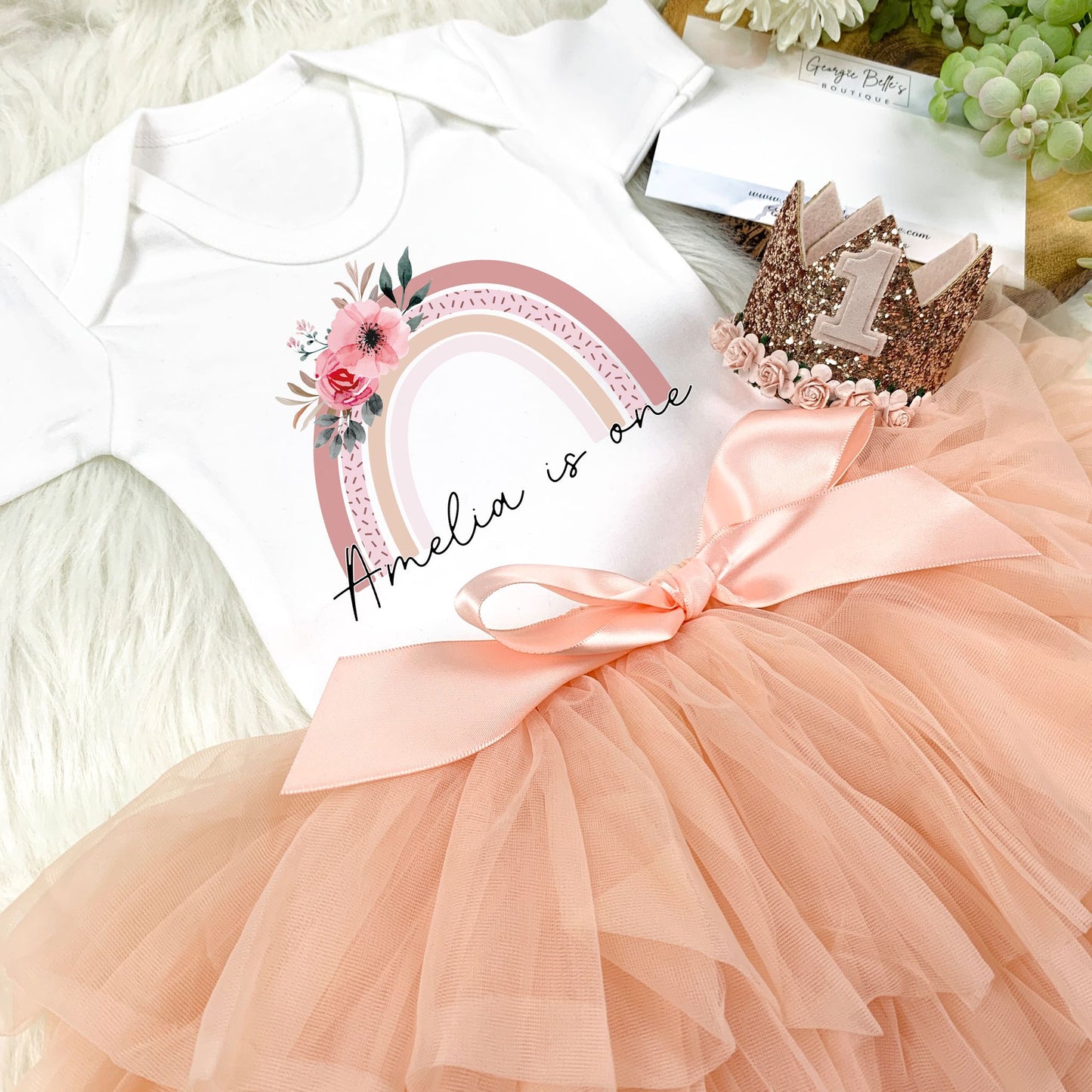 Luxury Personalised Birthday Outfit - Rainbow Design With Blush Pink Tutu