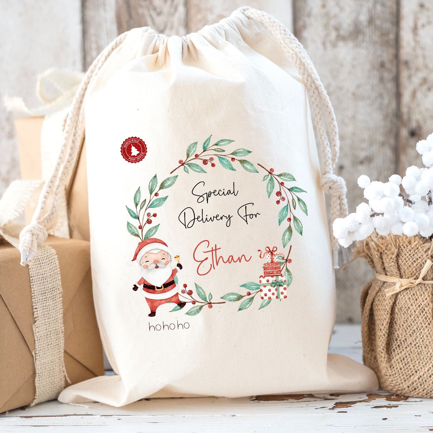Luxury Personalised Premium Cotton Extra Large Christmas Santa Sack - Santa Wreath Design