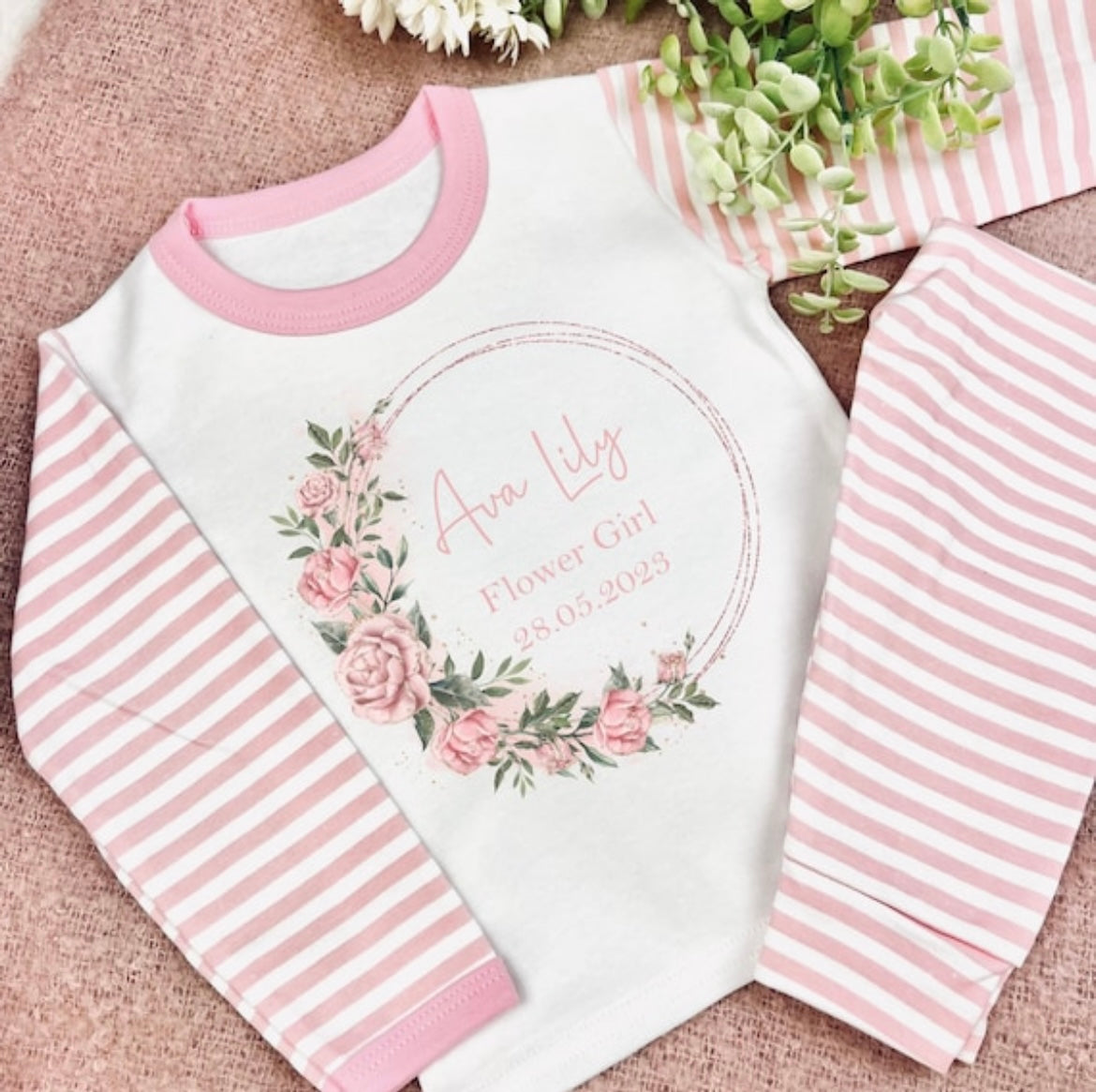 Personalised Flower Girl Pyjamas - Pink Rose Design