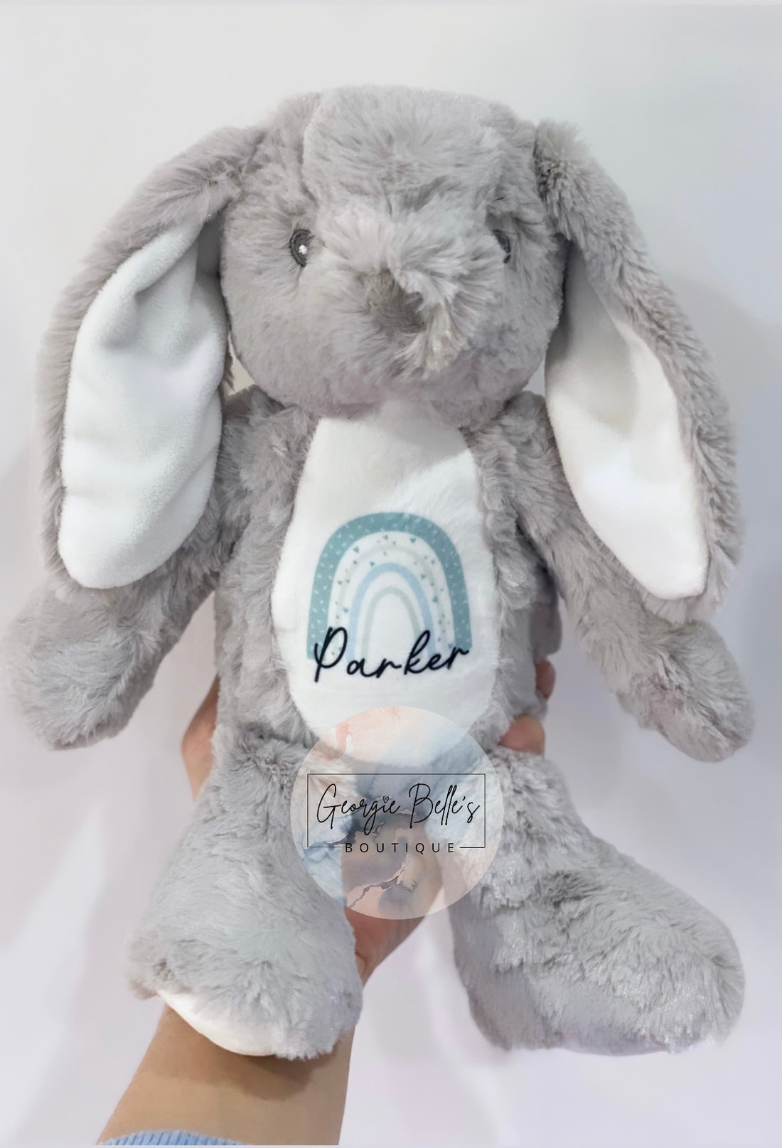 Personalised Blue Rainbow Design Grey Bunny Soft Toys