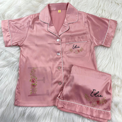 Rose Pink Luxury Satin Pyjama’s- Floral Initial Design