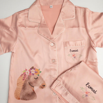 Pink Luxury Personalised Satin Pyjamas - Horse Design