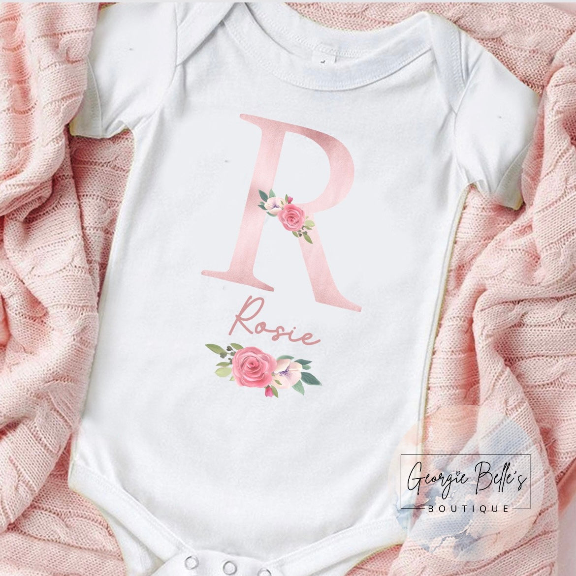 Pink Floral Initial Personalised Vest / Babygrow / Sleepsuit