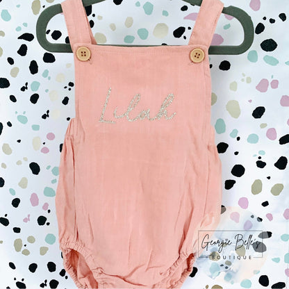 Personalised Birthday Baby Cotton Linen Romper in Dusty Pink