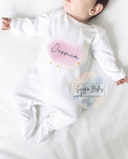 Pink Watercolour Star Personalised Vest / Babygrow / Sleepsuit
