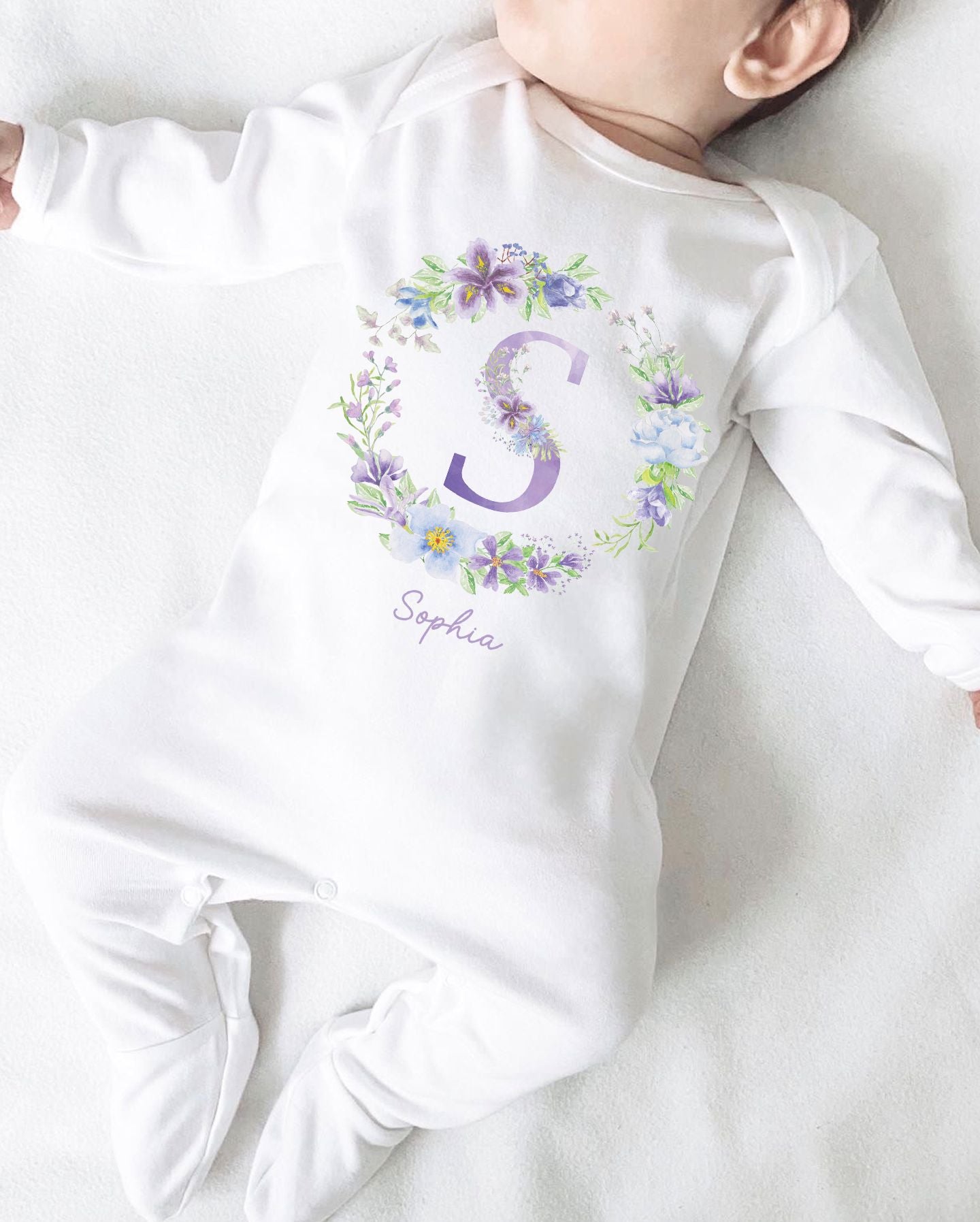 Personalised Lilac Floral Wreath Initial Vest / Baby Grow / Sleepsuit