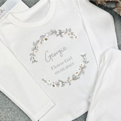 Personalised Flower Girl Pyjamas - Grey Wreath Design