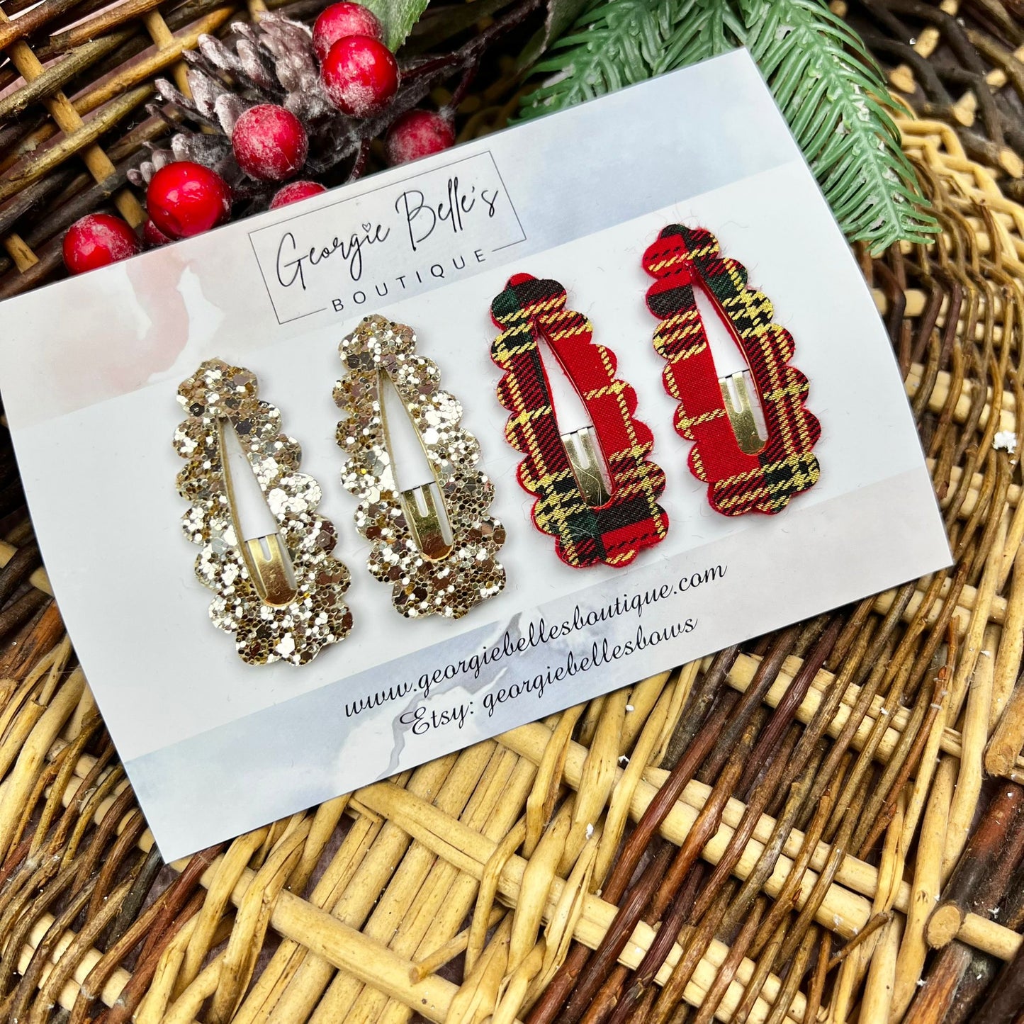 Christmas Tartan & Gold Snap Clip Set