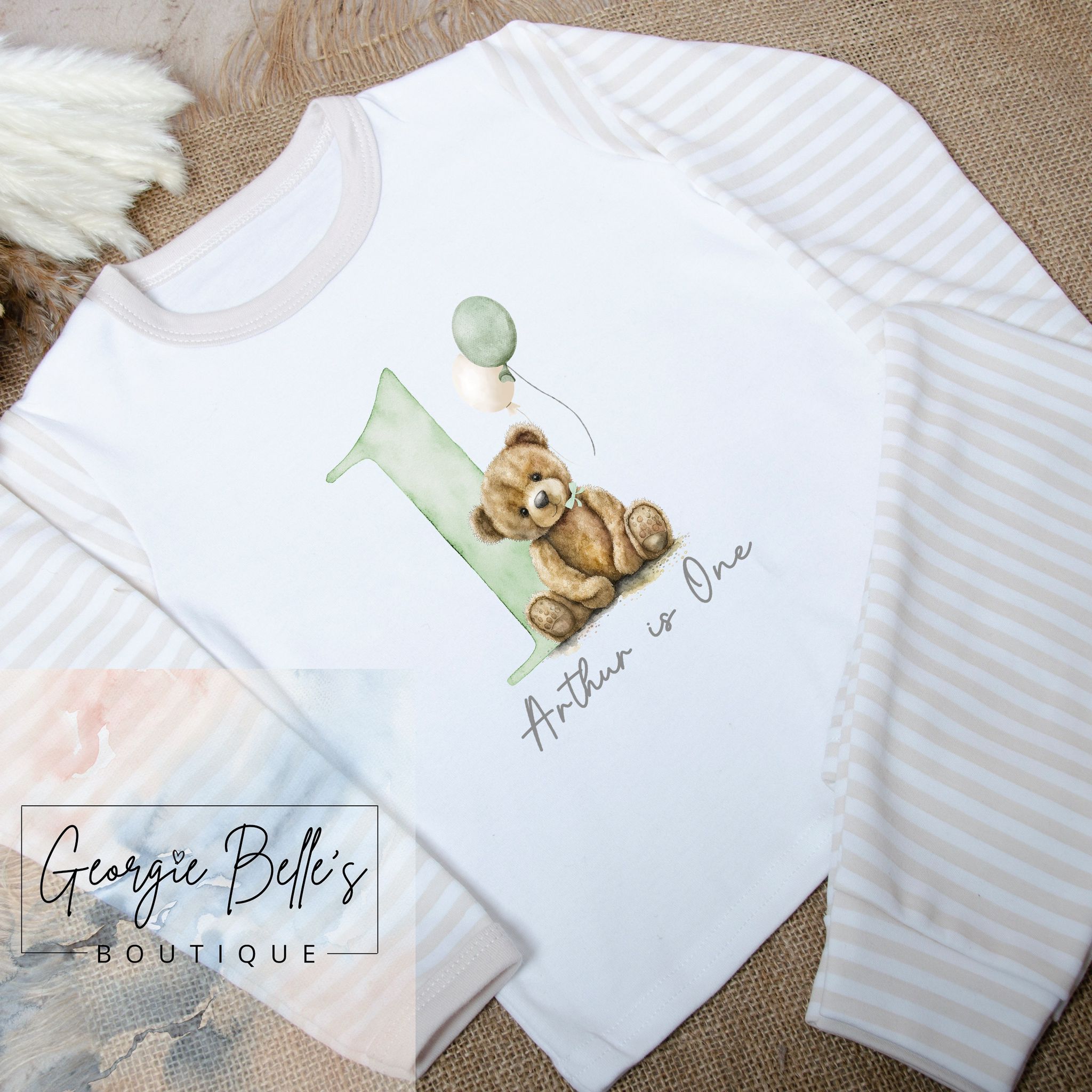 Personalised Birthday Pyjamas -  Bear Sage Balloon Design