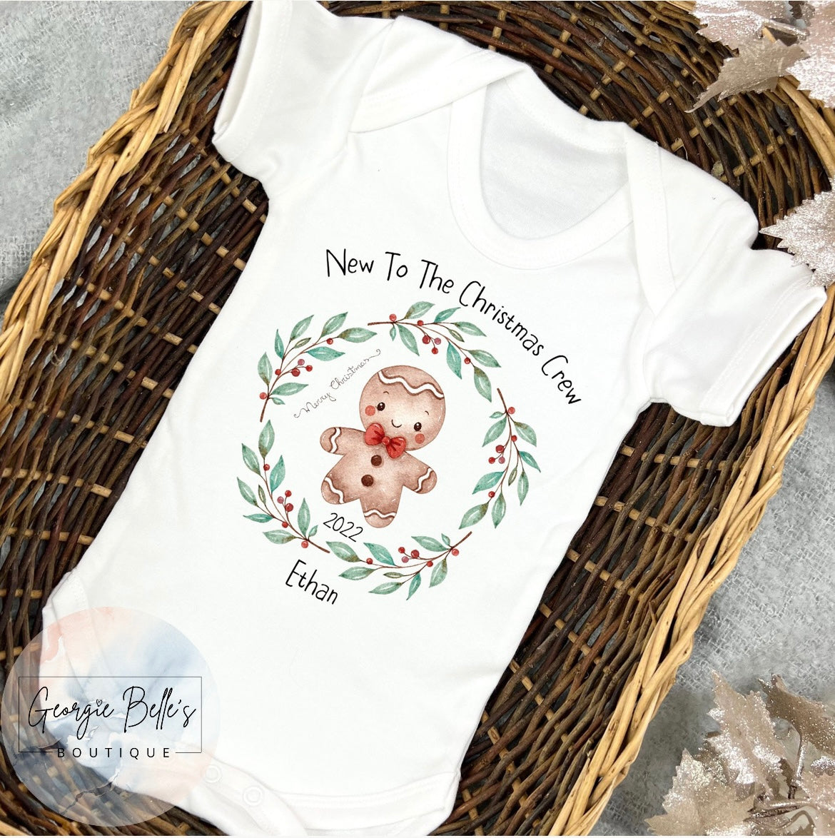 New To The Christmas Crew 2022 Personalised Gingerbread Design Vest / Babygrow / Sleepsuit