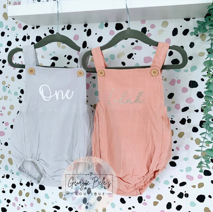 Personalised Birthday Baby Cotton Linen Romper in Dusty Pink
