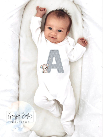 Personalised Grey Bear Initial Vest/Babygrow