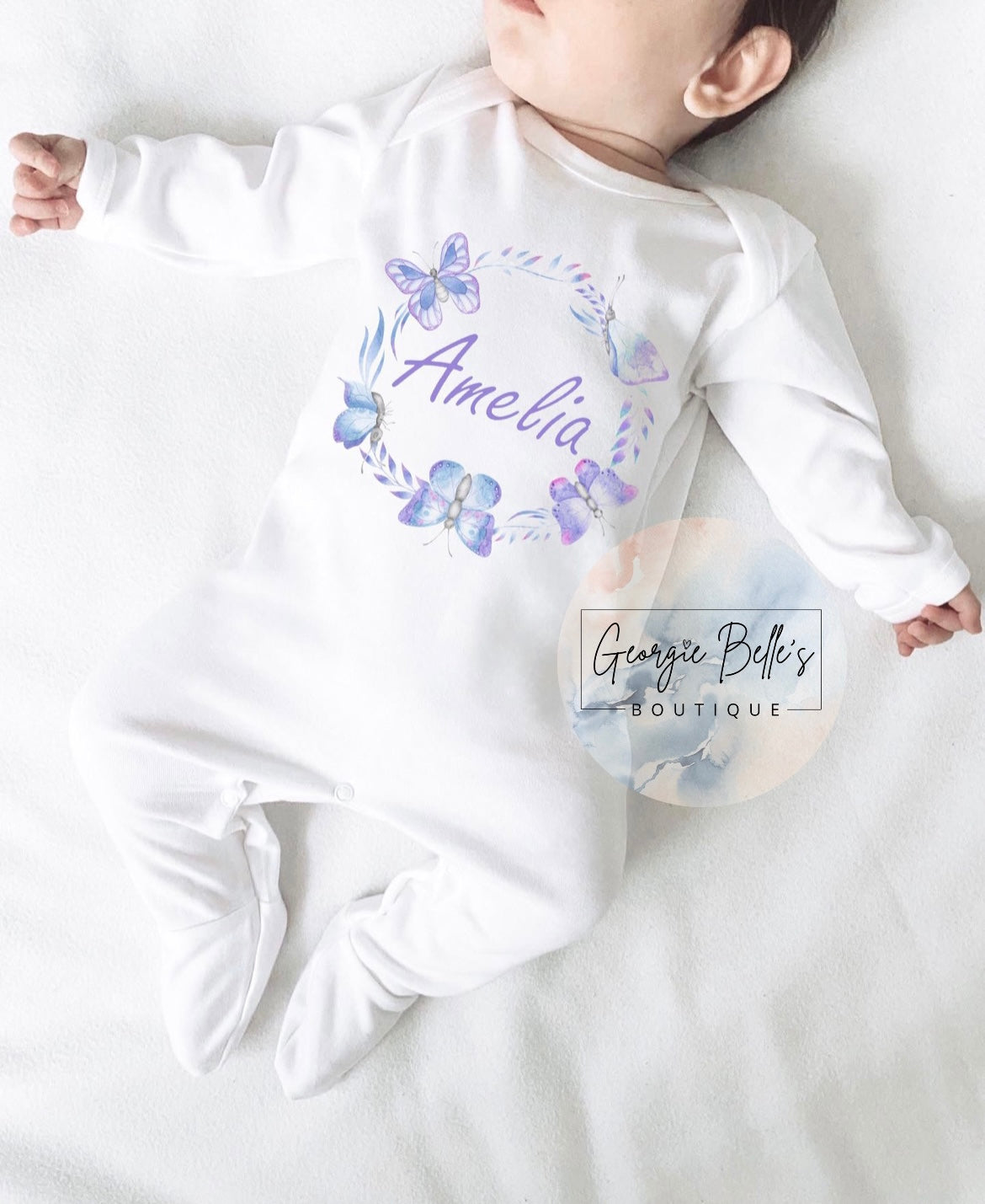 Lilac Butterfly Wreath Personalised Vest / Babygrow / Sleepsuit