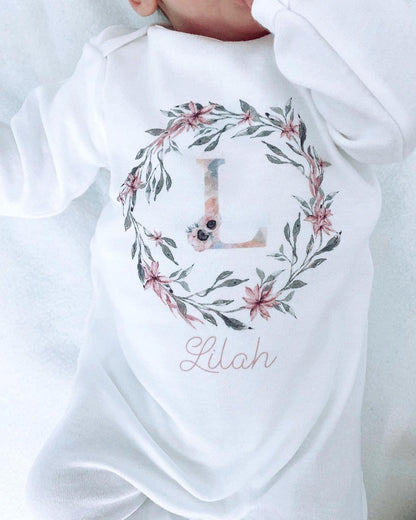 Floral Wreath Initial Personalised Vest / Babygrow / Sleepsuit