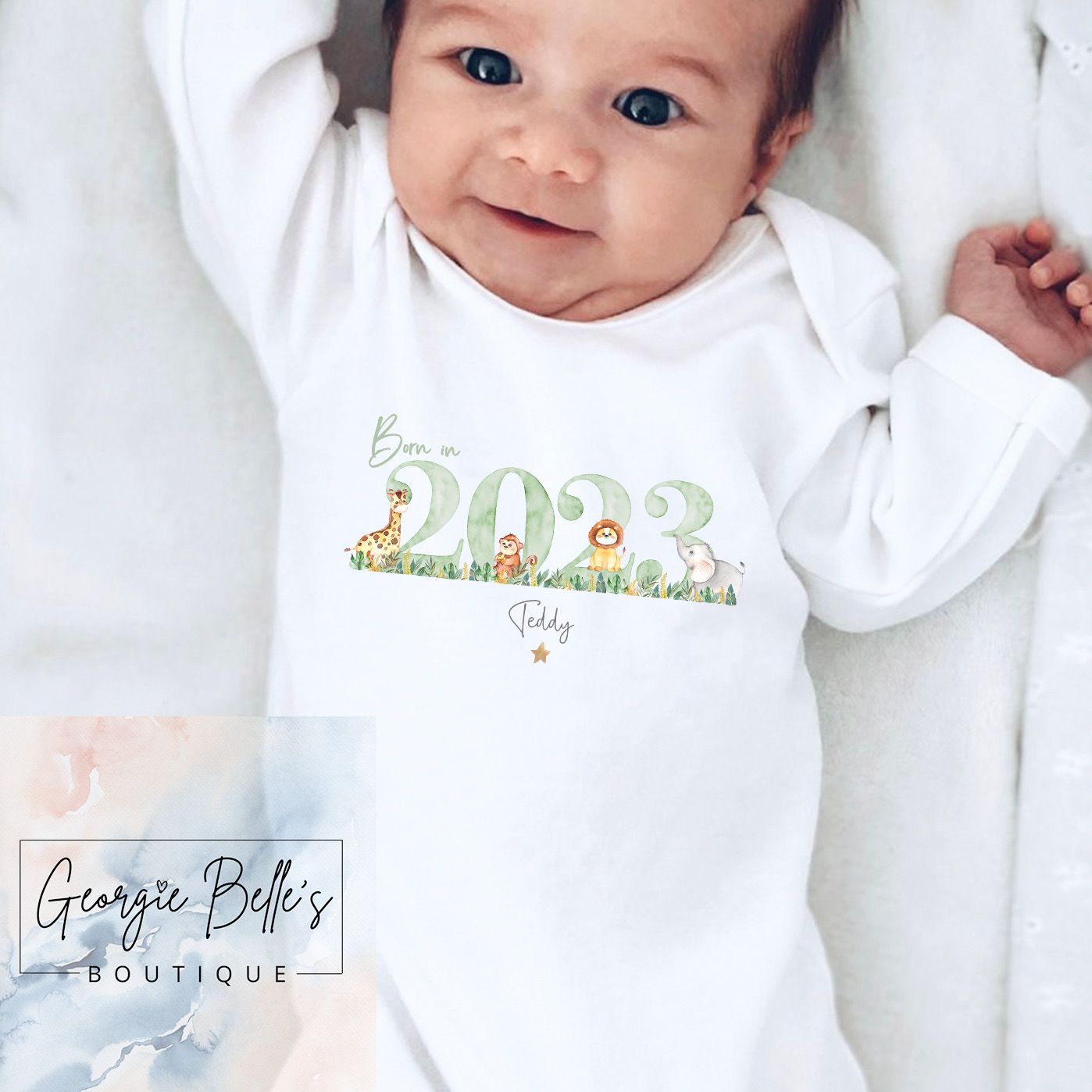 Personalised ‘Born in 2023’ Safari Design Babygrow