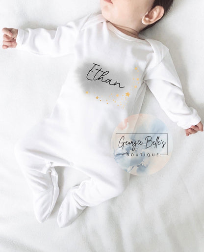 Grey Watercolour Star Personalised Vest / Babygrow / Sleepsuit