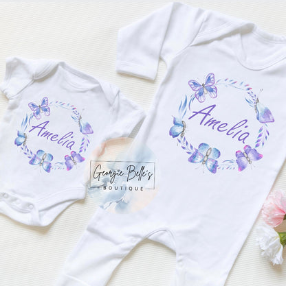 Lilac Butterfly Wreath Personalised Vest / Babygrow / Sleepsuit