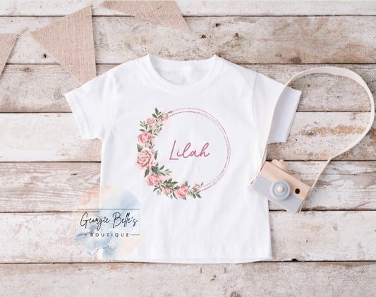 Pink Floral Wreath Personalised T-shirt