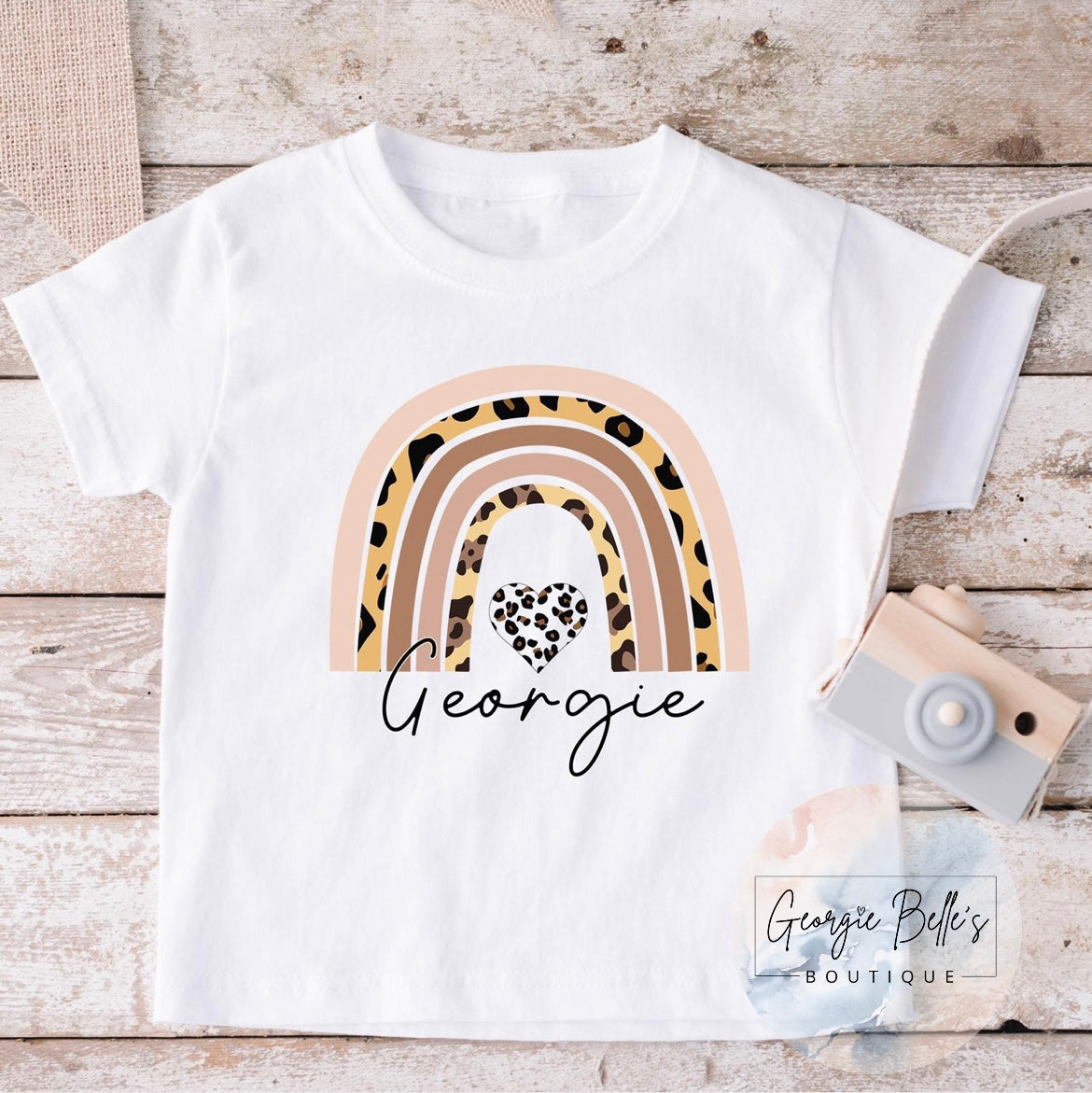 Personalised Leopard Print Rainbow T-Shirt