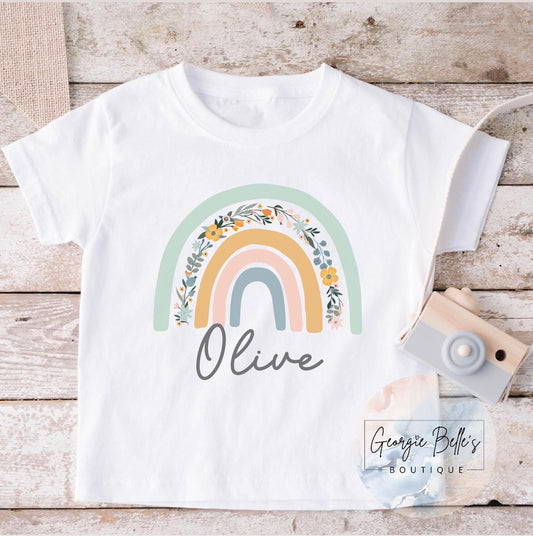 Personalised Floral Print Rainbow T-Shirt