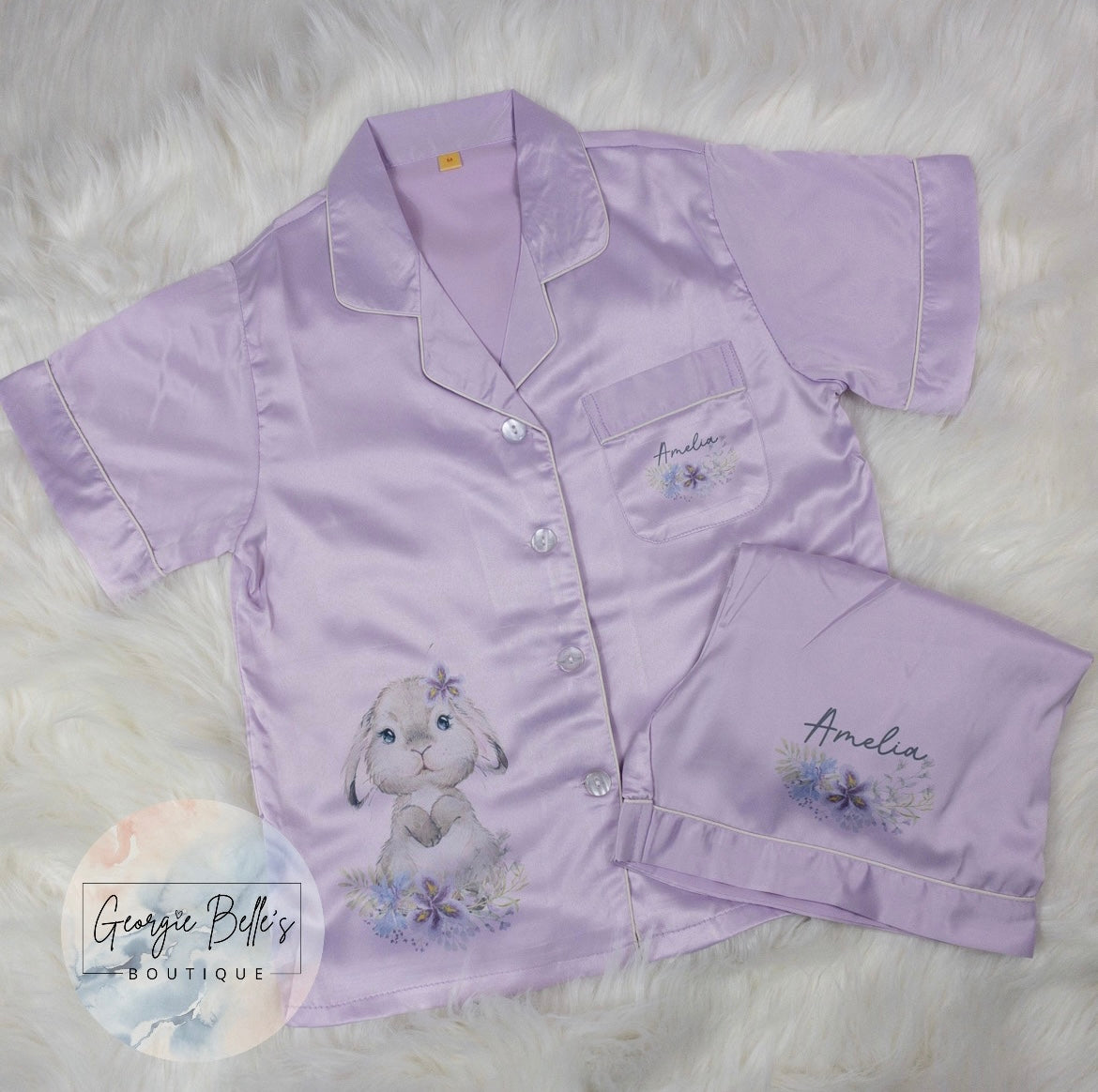 Bunny Lilac Luxury Personalised Satin Pyjamas