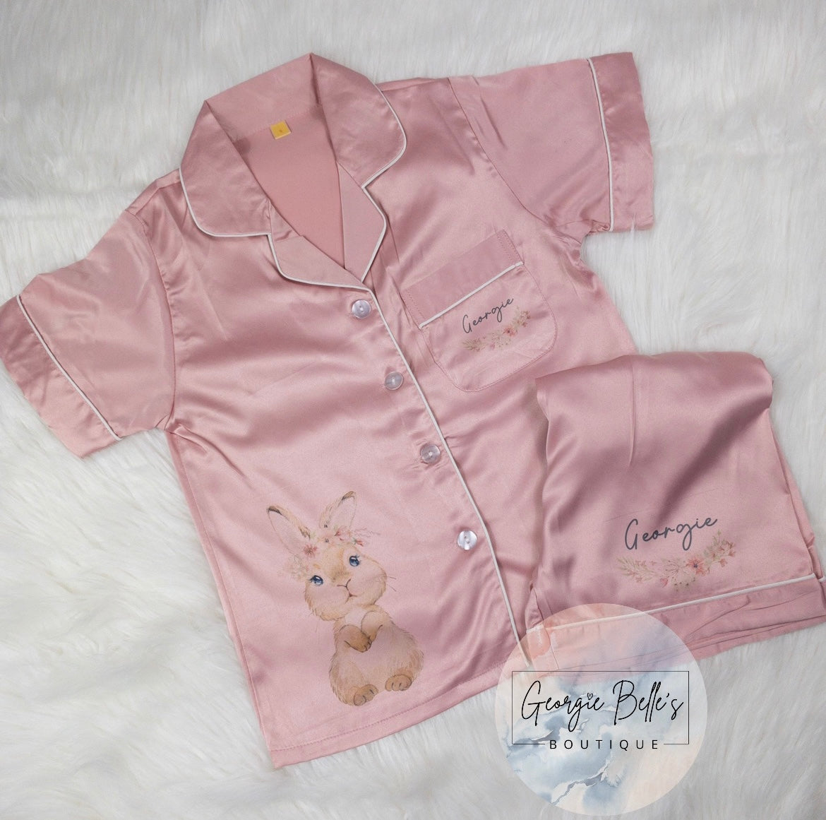 Bunny Rose Pink Luxury Personalised Satin Pyjamas